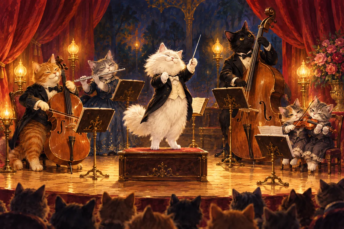 A small orchestra of cats on a lamplit stage: a white conductor, a ginger cellist, a grey flautist, a black double-bass player and two kittens sharing a violin
