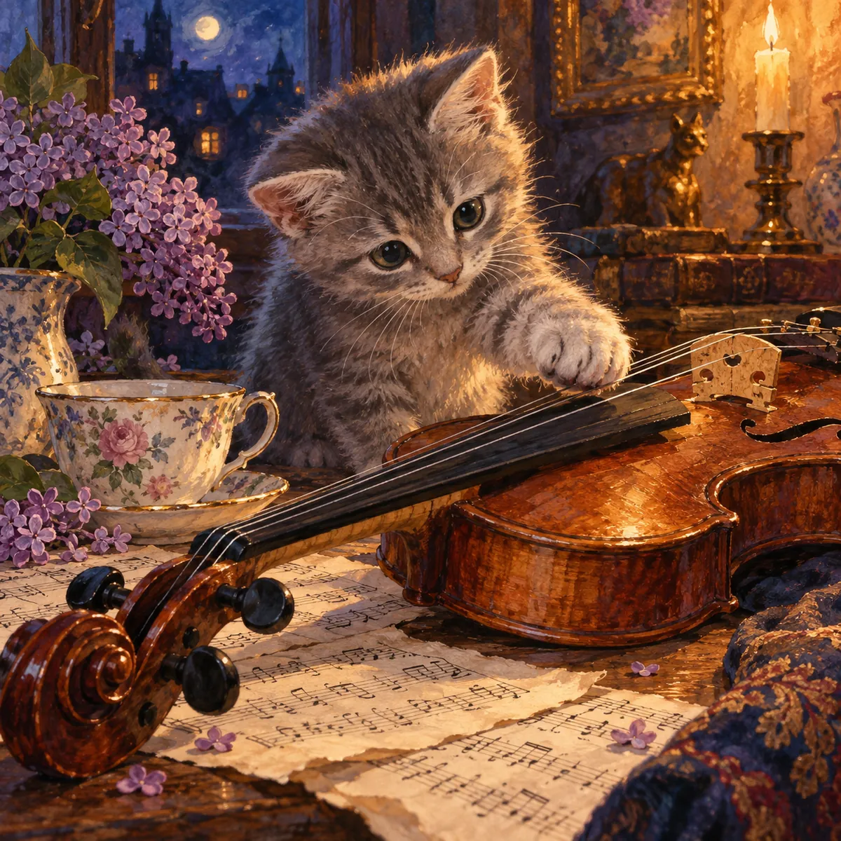 A grey kitten batting at the strings of a violin on a table of sheet music